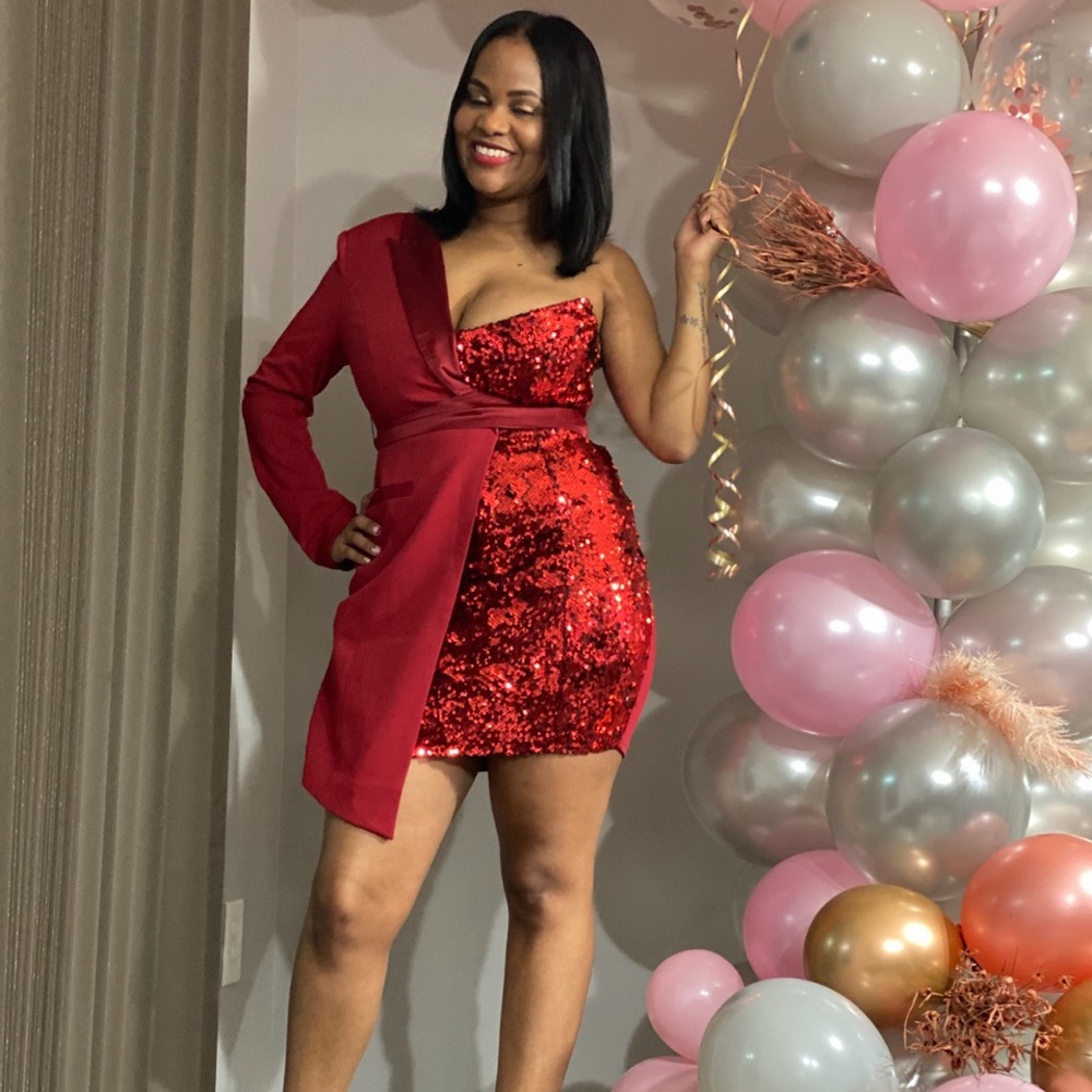 Red night sequin Crepe Tuxedo Blazer dress